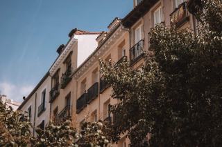 Immeuble ancien en pierre aux balcons en fer forgé derrière des arbres, vu en contre-plongée